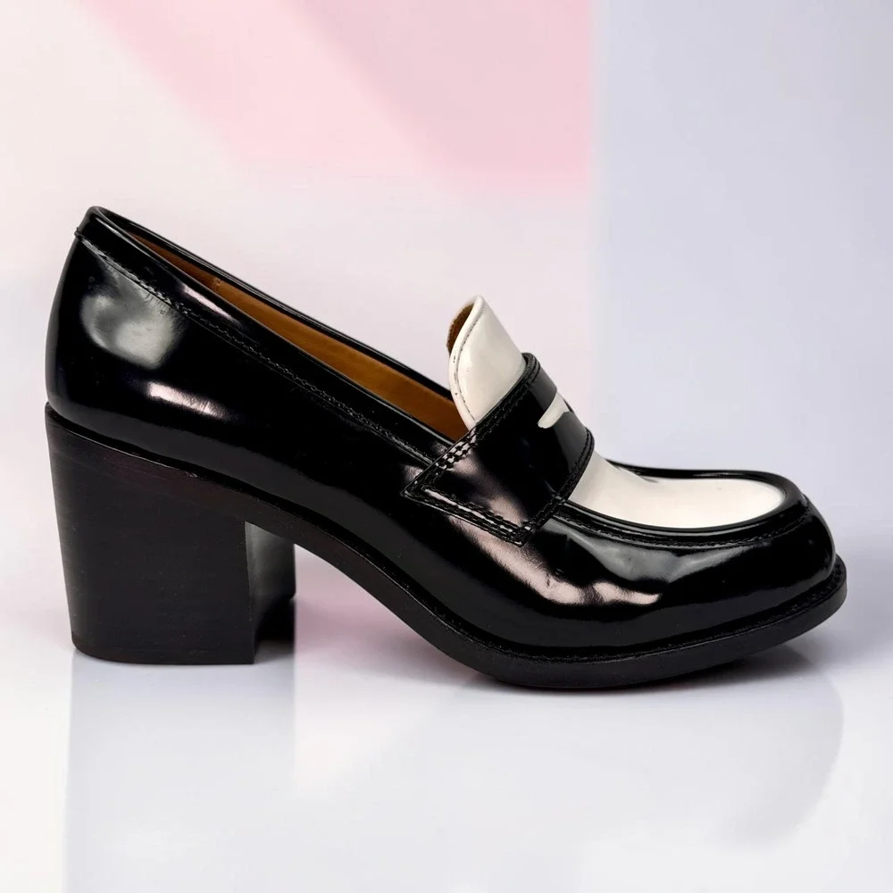 Thursday Boots High Heel Penny Loafer Black White Patent Spectator Womens 9